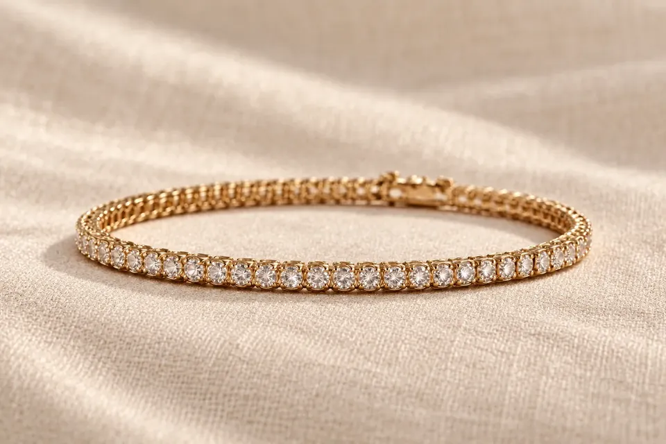 Diamond tennis bracelet on warm ivory linen, editorial image