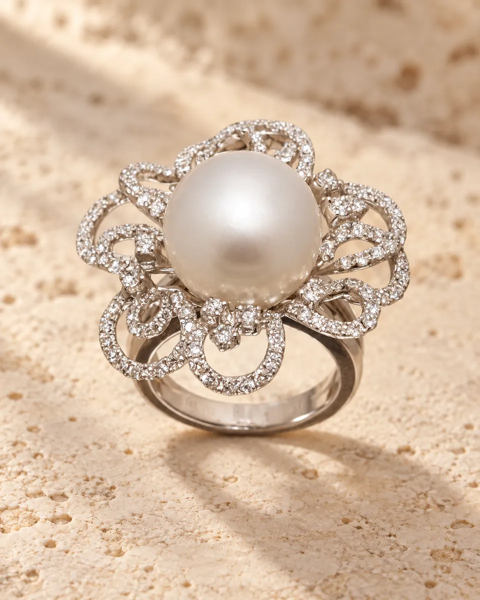 Pearl ring with an openwork diamond setting, editorial image