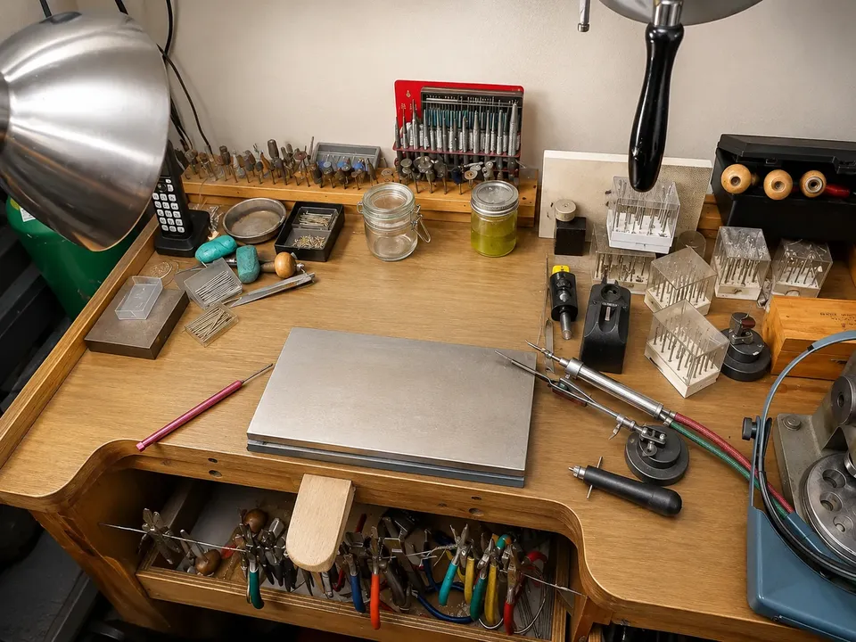 The actual Premier Jewelers workbench with jewelry repair tools